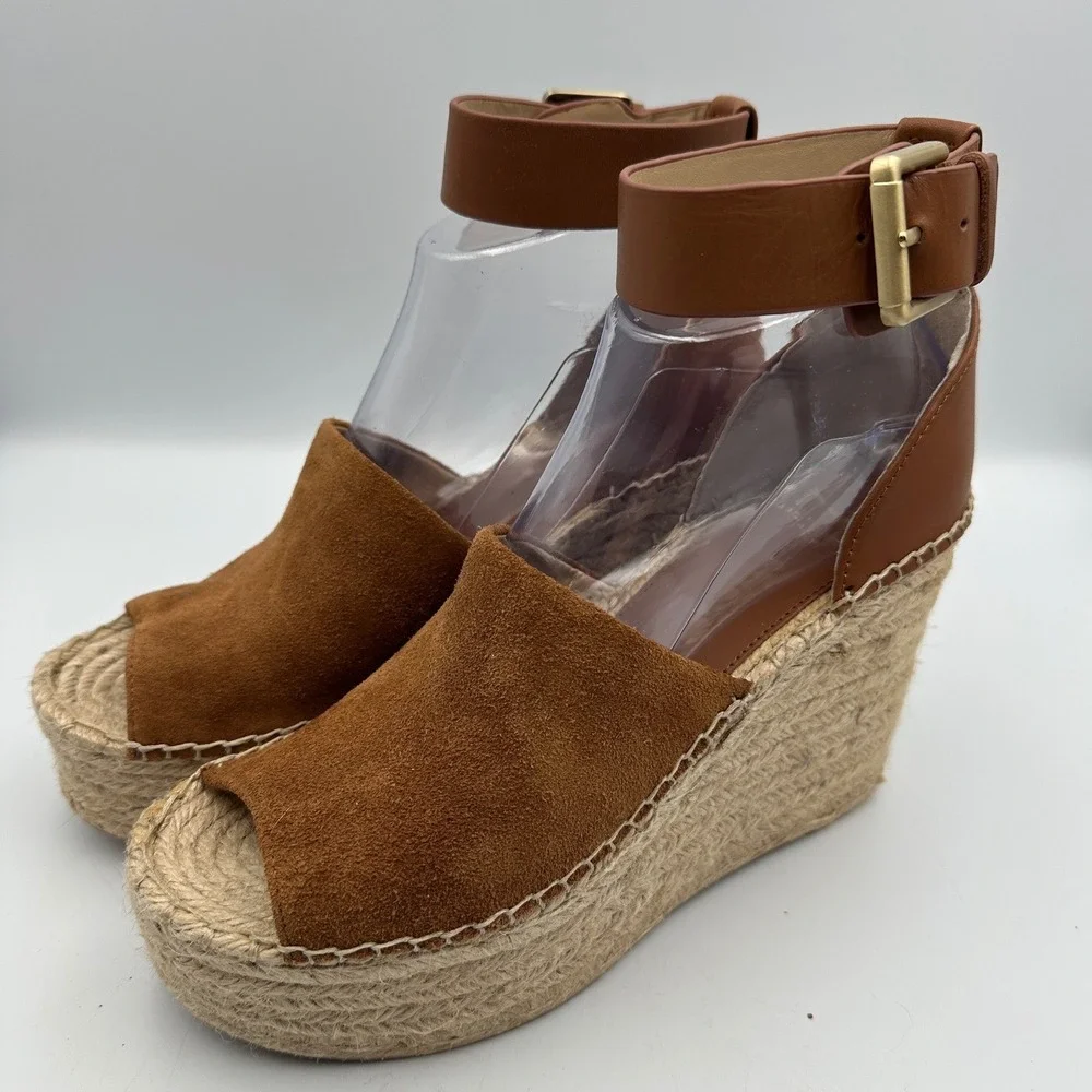New Marc Fisher Espadrille Wedge Sandals 7 Brown Suede Adalyn Platform Summer